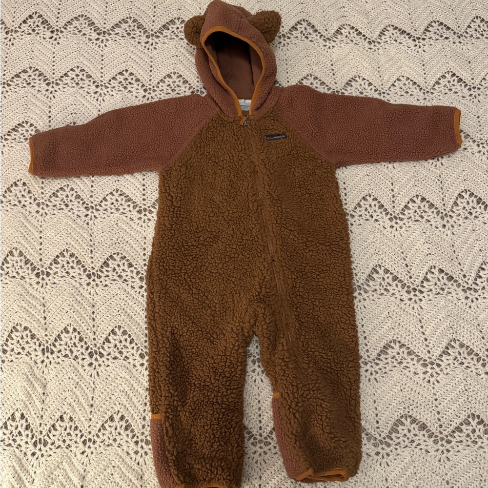 Columbia Brown Bear Fleece Kids Outerwear One Piece Fold Over Hands & Feet 12-18